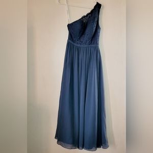 Azazie Demi Bridesmaid Dress Size A4 Dusty Blue One Shoulder Lace Wedding Pocket